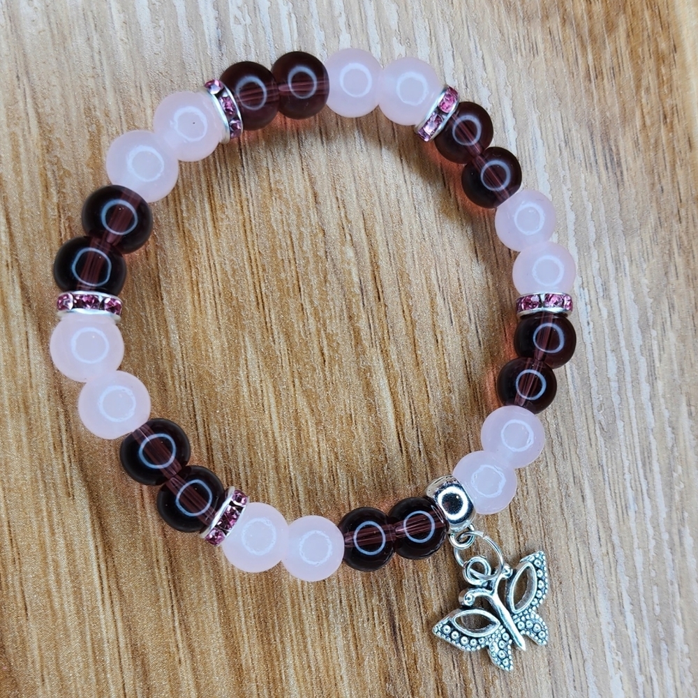 Butterfly Glass Beaded Stretch Bracelet Tibetan Silver Charm Hand Crafted